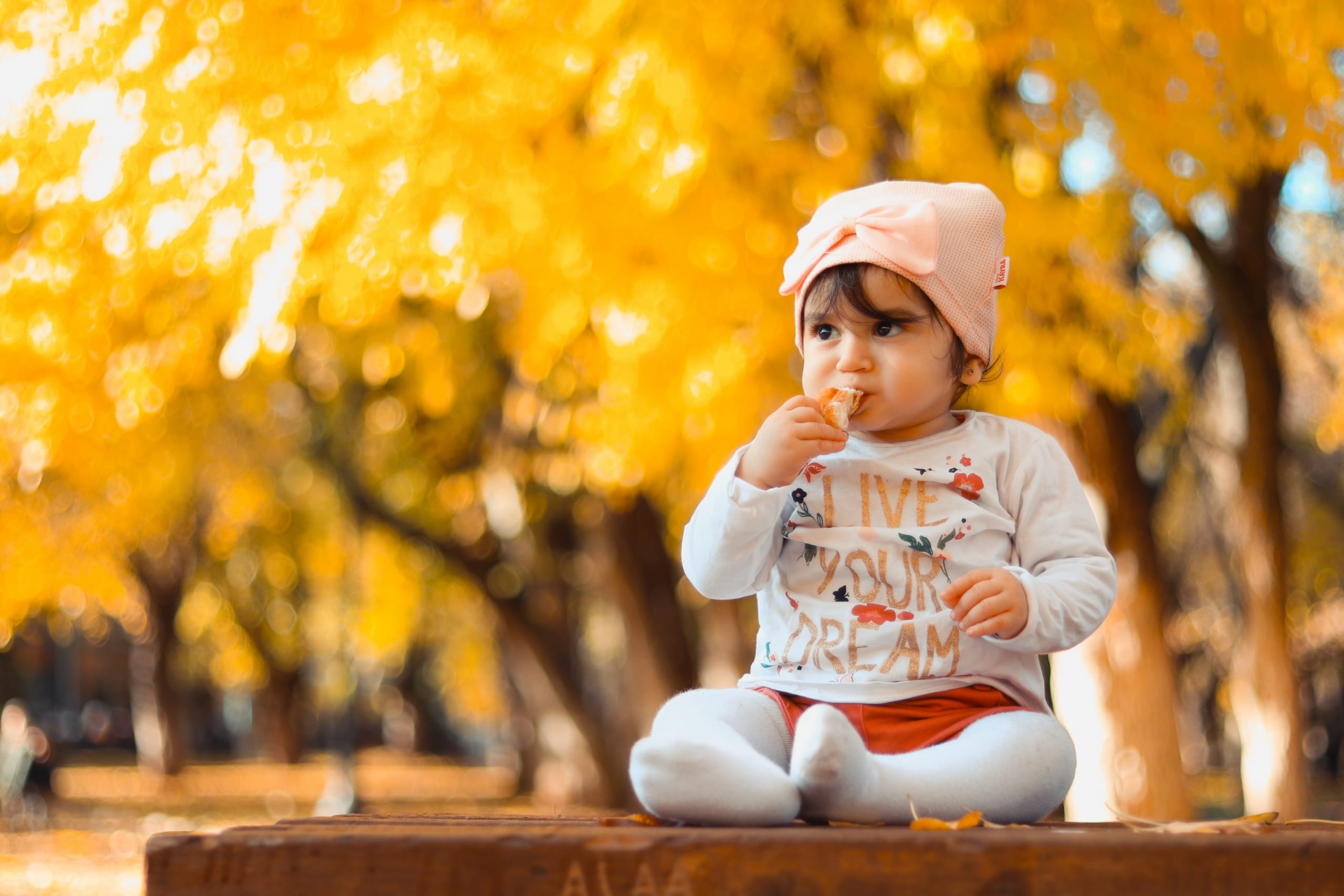 young girl sitting on a table in autumn